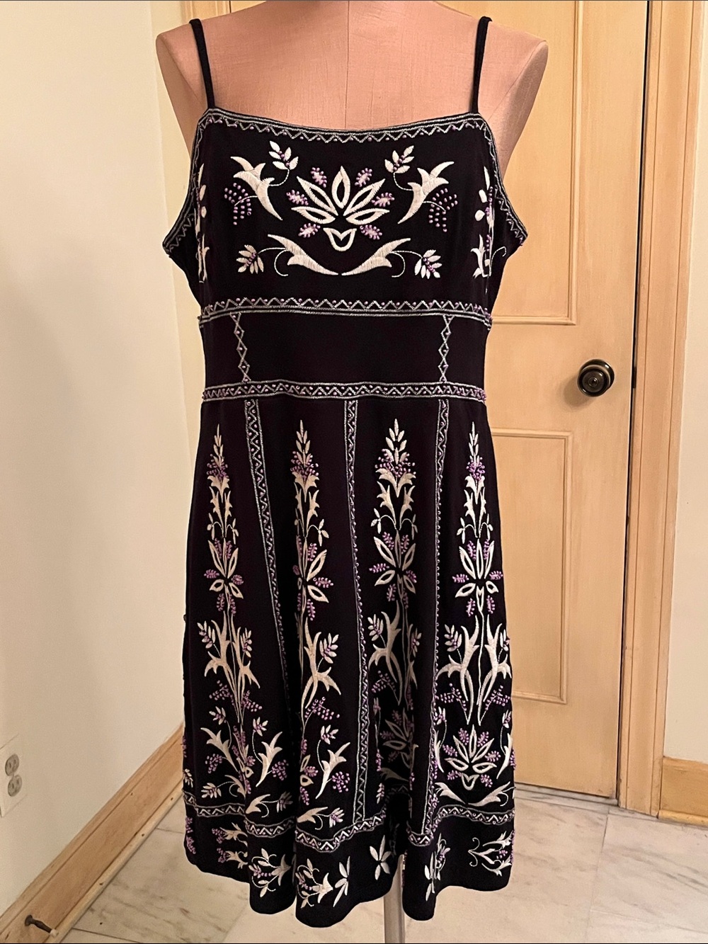 INC Resort Party Purple Bead & Embroidered Spaghetti Straps Blk/White Dress XL